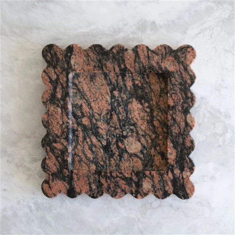 Afralia™ Marble Travertine Serving Tray Scalloped Edge Square Display Tray
