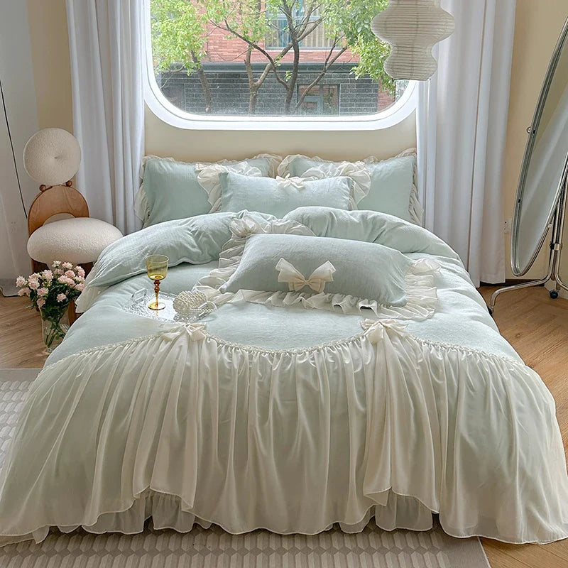 Afralia™ French Princess Lace Ruffles Bedding Set with Velvet Duvet Cover