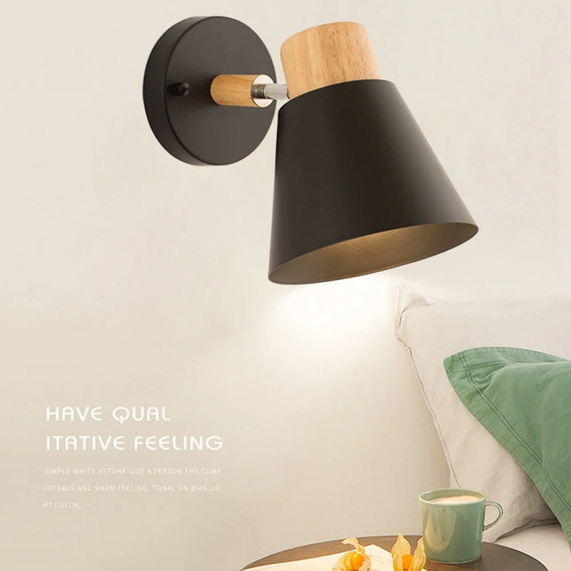 Nordic Wood Wall Lights Bedroom Bedside Lamp Black Modern E27 Sconce LED Afralia™ Lighting