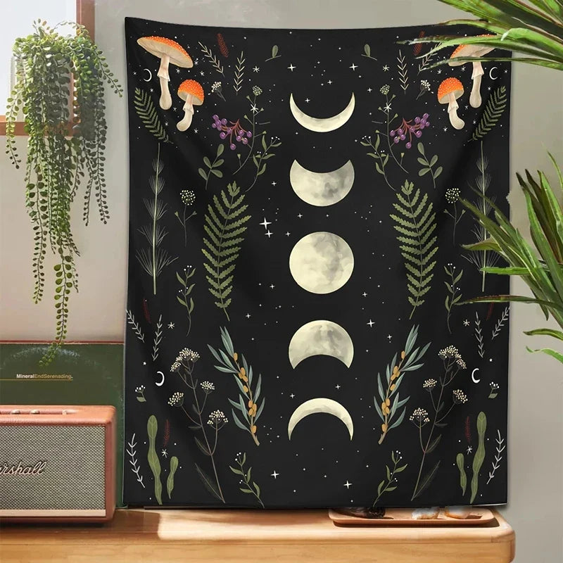 Moon Phase Mushroom Botanical Tapestry by Afralia™ for Boho Home Decor