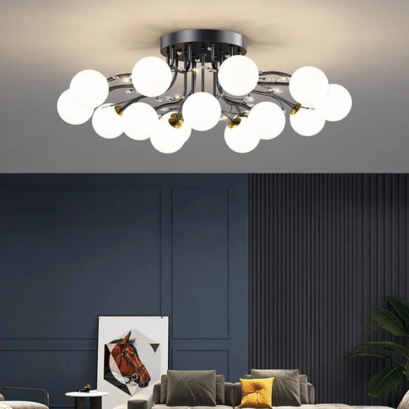 Afralia™ Glass Bubble Ball LED Ceiling Light in Black Gold Crystal for Bedroom & Living Room