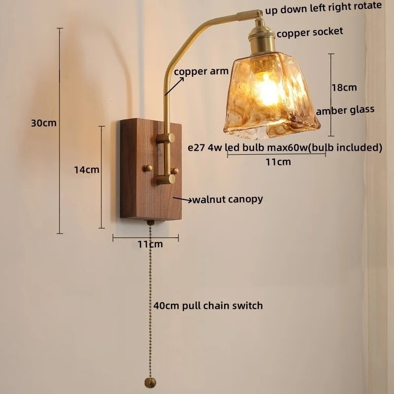 Afralia™ Copper Glass LED Wall Lights Pull Chain Switch Bedside Lamp for Bedroom Living Room