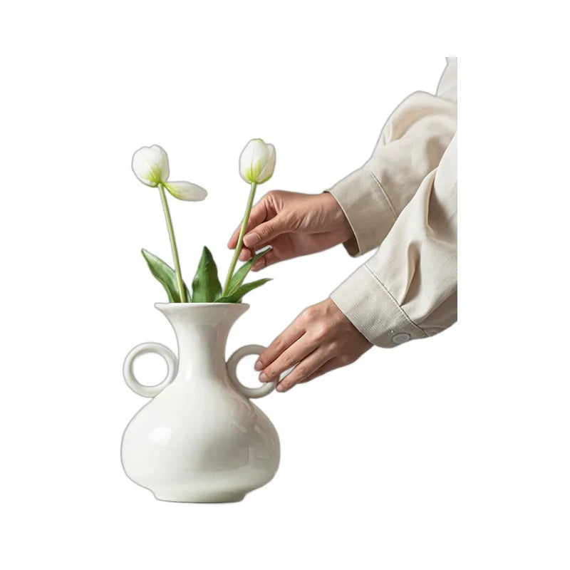 Afralia™ Teapot Ceramic Vase Double-eared Pot Home Decor Flower Arrangement White Porcelain