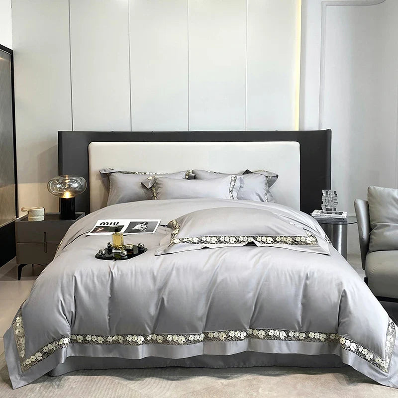 Afralia™ Luxury Egyptian Cotton Flowers Duvet Cover Set, Champagne Grey, Orange
