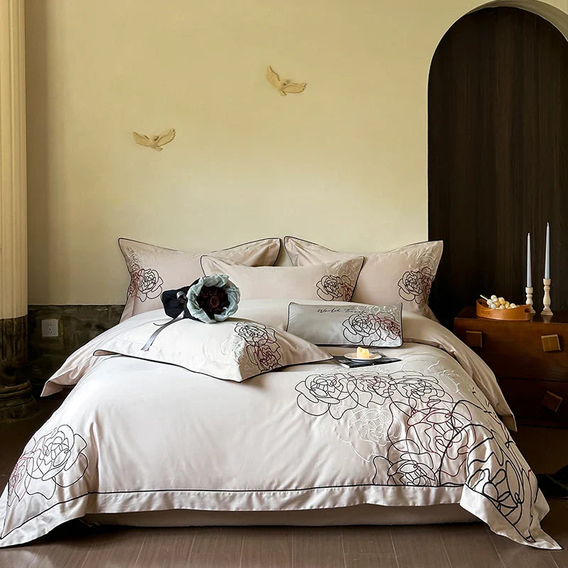 Afralia™ Rose Flowers Luxury Embroidery Bedding Set - 1000TC Egyptian Cotton 4Pcs