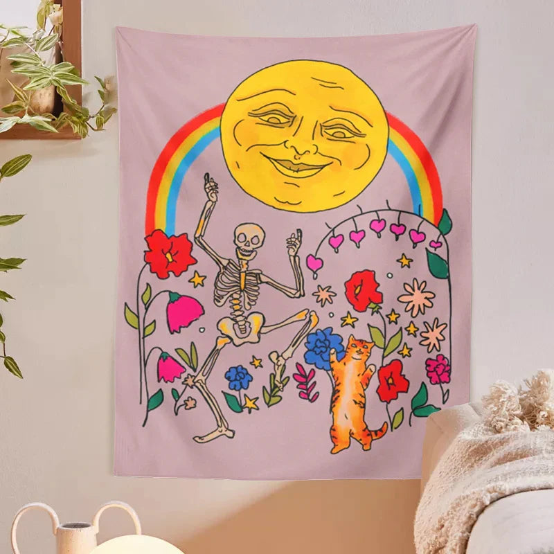 Flower Cats Moon Tapestry Wall Hanging Rainbow Carpet Tapestries for Boho Decor by Afralia™