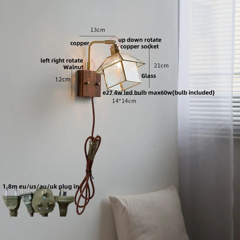 Afralia™ Vintage Rotatable LED Wall Sconce Copper Walnut Blue Glass Mirror Light