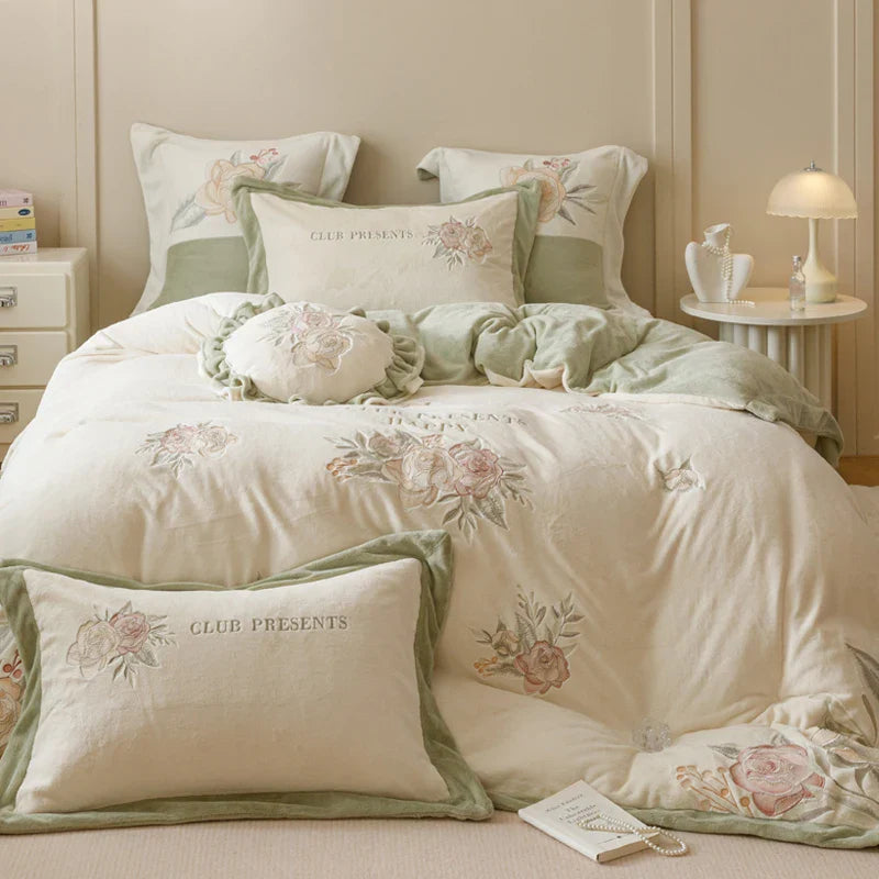 Afralia™ Pink Flowers Princess Bedding Set with Embroidery Ruffles in Milk Velvet
