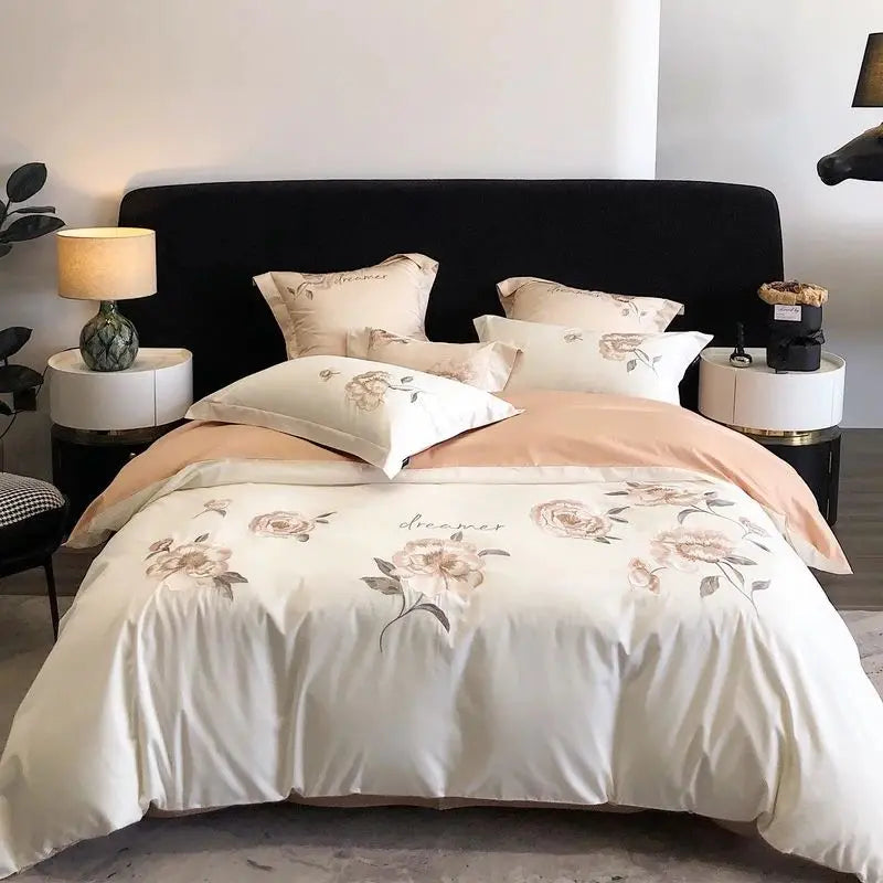 Afralia™ Flowers Embroidery Cotton Bedding Set Duvet Cover Flat Sheet Pillowcases 4Pcs