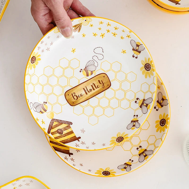 Afralia™ Hand-Painted Ceramic Little Bee Round Plate | Fruit Tray Dessert Dish Tableware