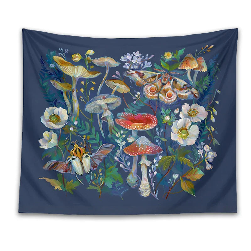 Afralia™ Mushroom Moth Garden Tapestry: Boho Psychedelic Wall Hanging for Botanical Bedroom Decor