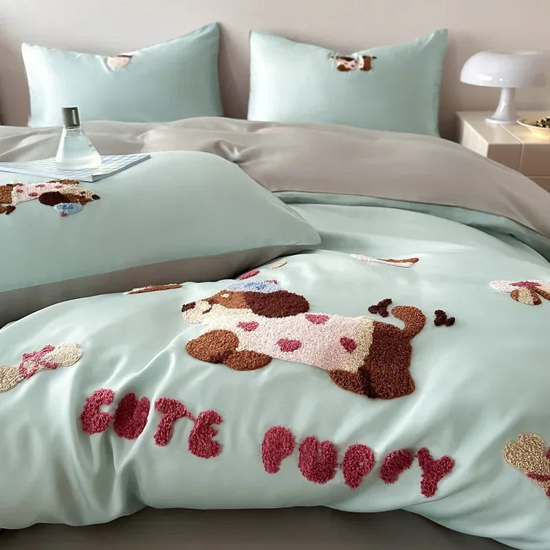 Afralia™ Cartoon Embroidery Cotton Bedding Set - Summer Cool, Skin Friendly Flat Sheet Kit