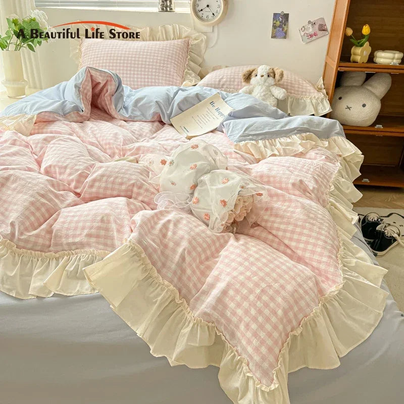 Afralia™ Korean Princess Style Cotton Bedding Set with Ruffles and Lace