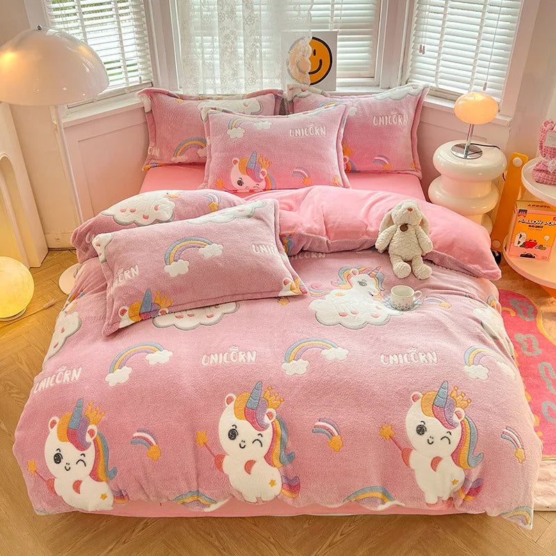 Afralia™ Flower Print Thicken Winter Warm Bedding Set with Sheet Pillowcases