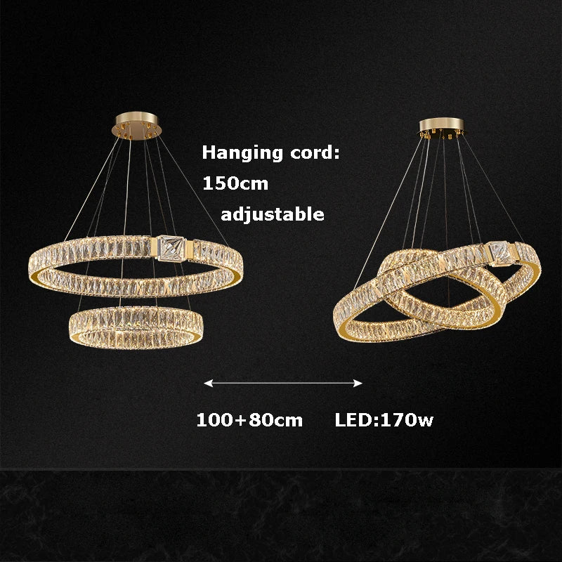 Afralia™ Crystal Block Gold Ring Pendant Light - Luxury Dimmable Ceiling Decor