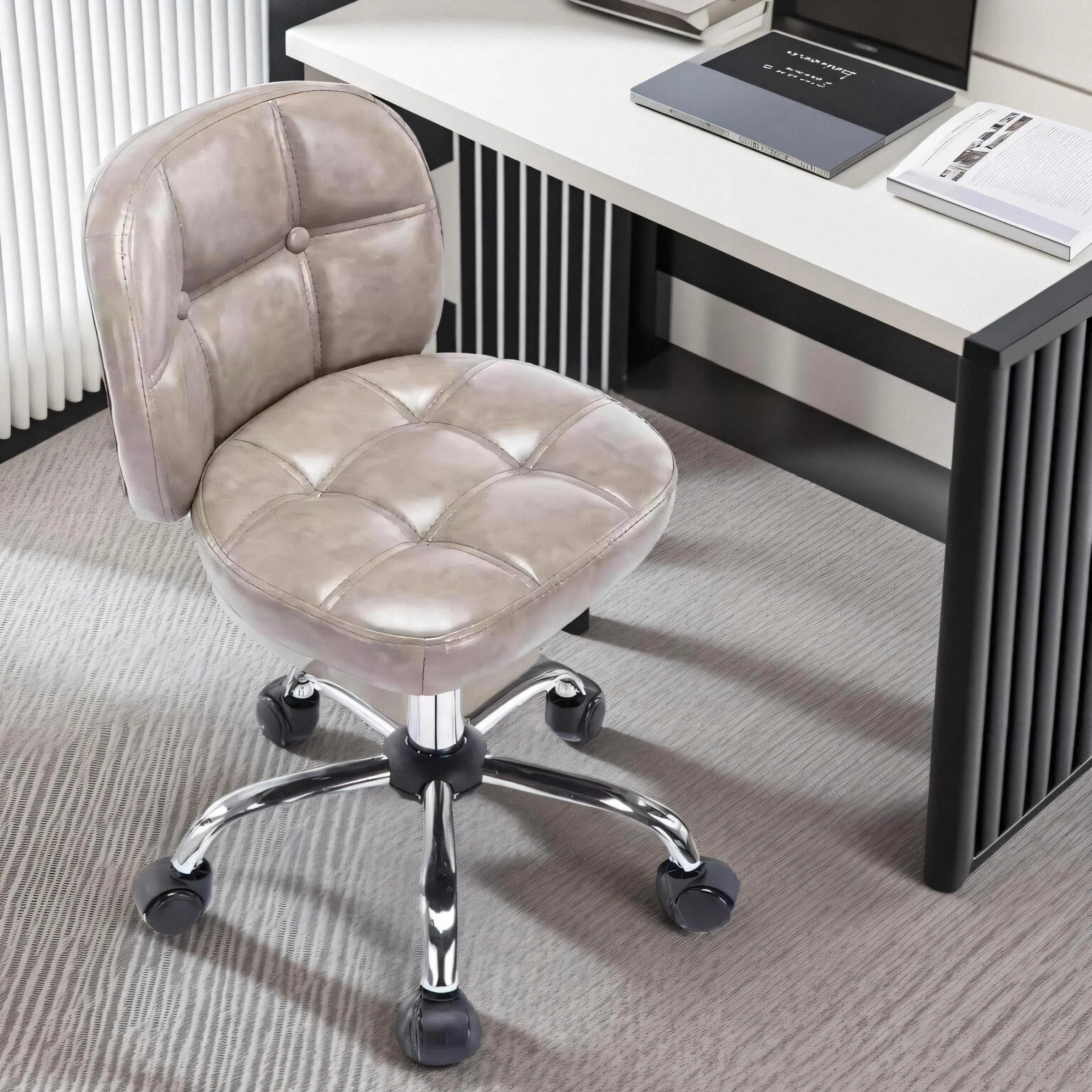Afralia™ Velvet Office Stool with Wheels Low Back Swivel Dressing Chair Height Adjustable