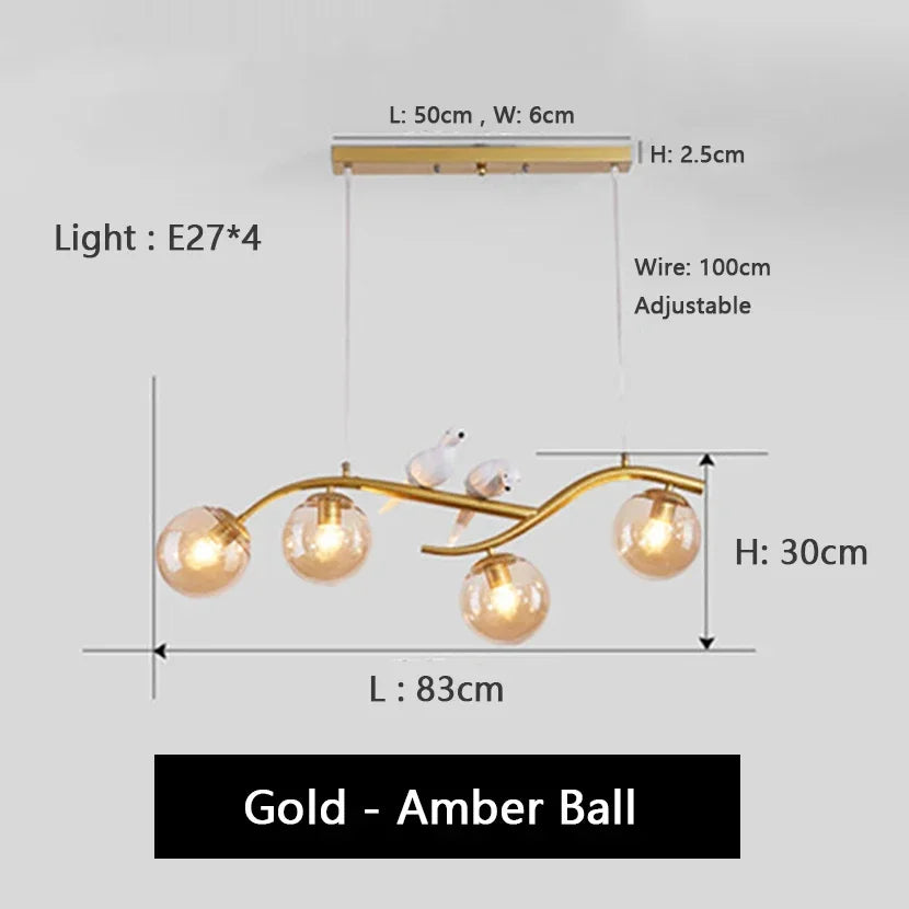 Afralia™ Birds Hanging Glass LED Chandelier in Black & Gold Iron - Modern Kitchen Island Light