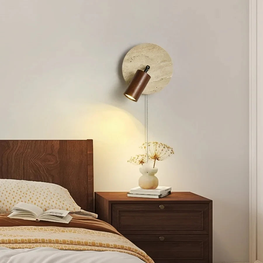 Afralia™ Wabi Sabi LED Wall Sconce, Pull Chain, Rotate Wood Mirror Light