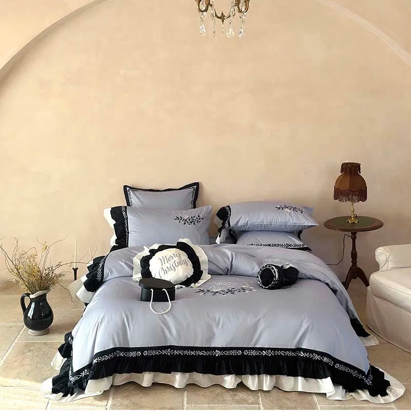 Afralia™ Flowers Embroidery Ruffles Cotton Bedding Set with Duvet Cover, Sheet, Pillowcases