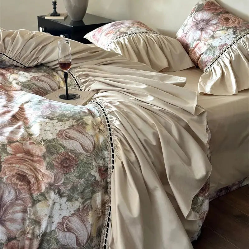 Afralia™ Vintage Floral Bedding Set with Ruffles in Egyptian Cotton, Romantic Oil Painting Style