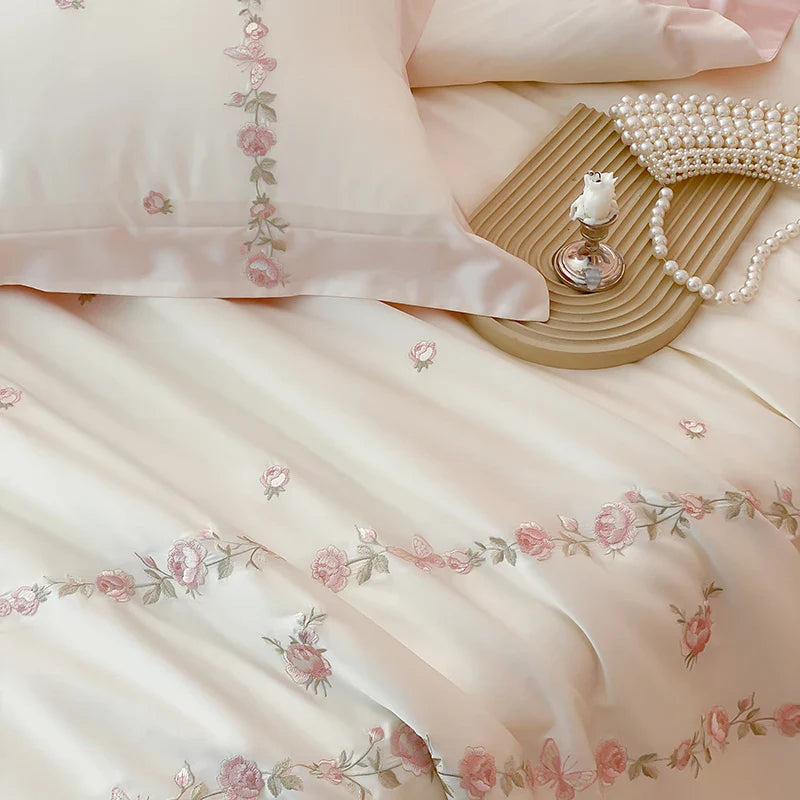 Afralia™ Rose Flowers Embroidery Bedding Set - Soft Lyocell Cotton, Silky Duvet Cover, Sheet, Pillowcases
