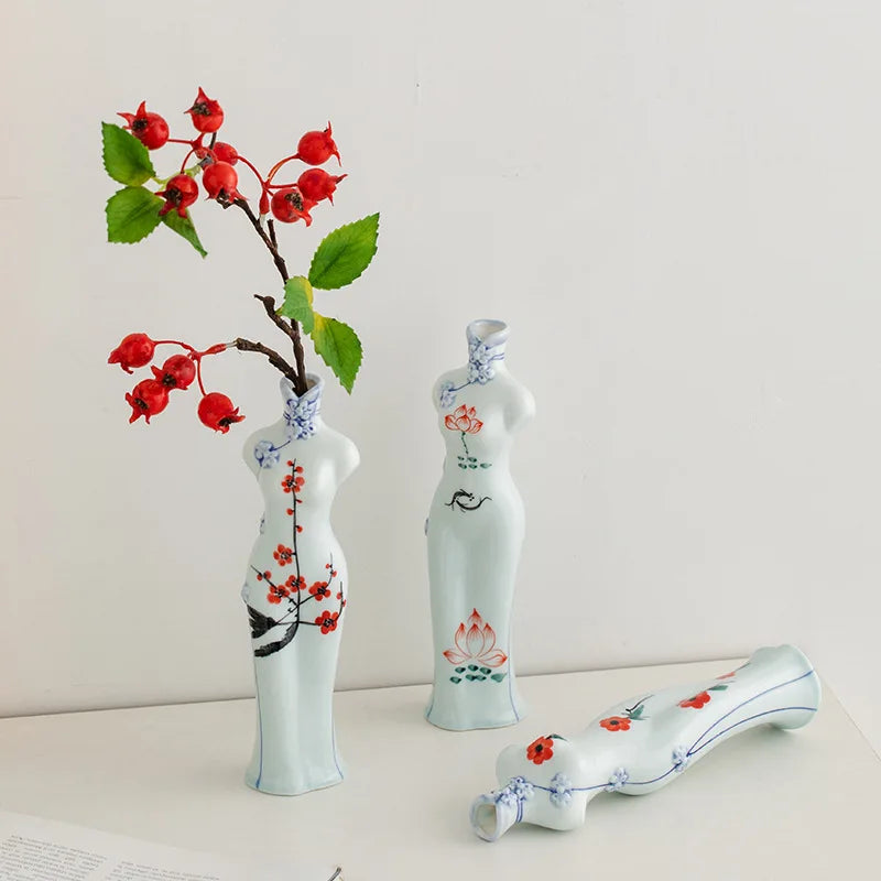 Afralia™ Retro Cheongsam Ceramic Vase Human Figure Maid Home Decor