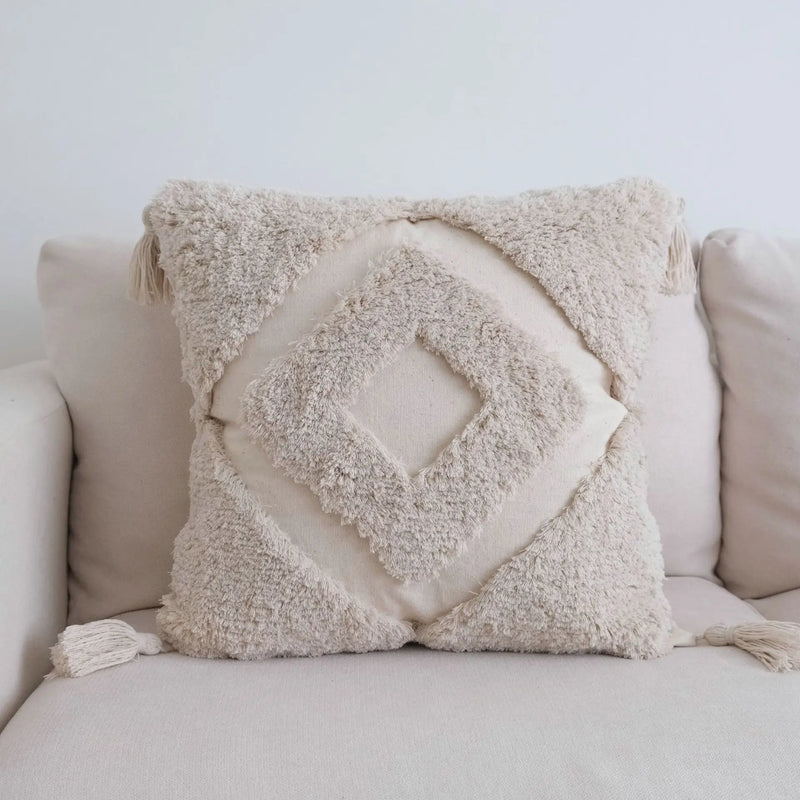 Afralia™ Boho Beige White Tufted Tassel Cushion Cover Linen Cotton Embroidered Pillow Case