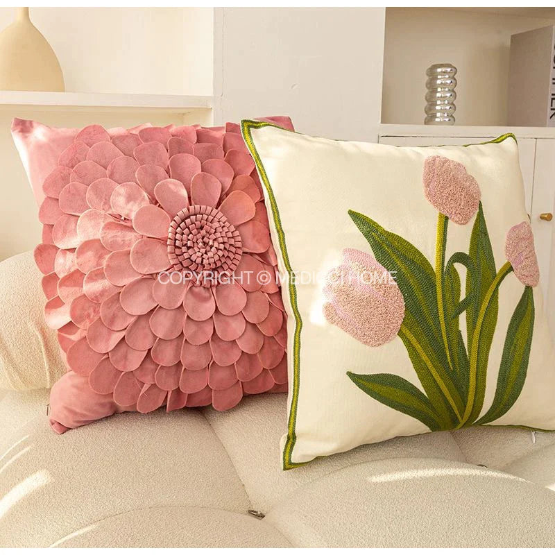 Afralia™ Pink Flowers & Vase Embroidered Pillow Cover 45x45cm Sofa Couch Armchair