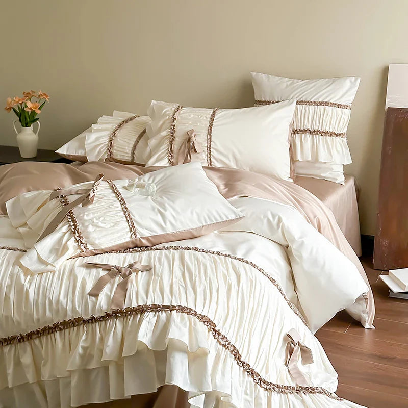 Afralia™ Romantic Bow Pleat Lace Ruffles Bedding Set Silky Duvet Cover Sheet Pillowcase