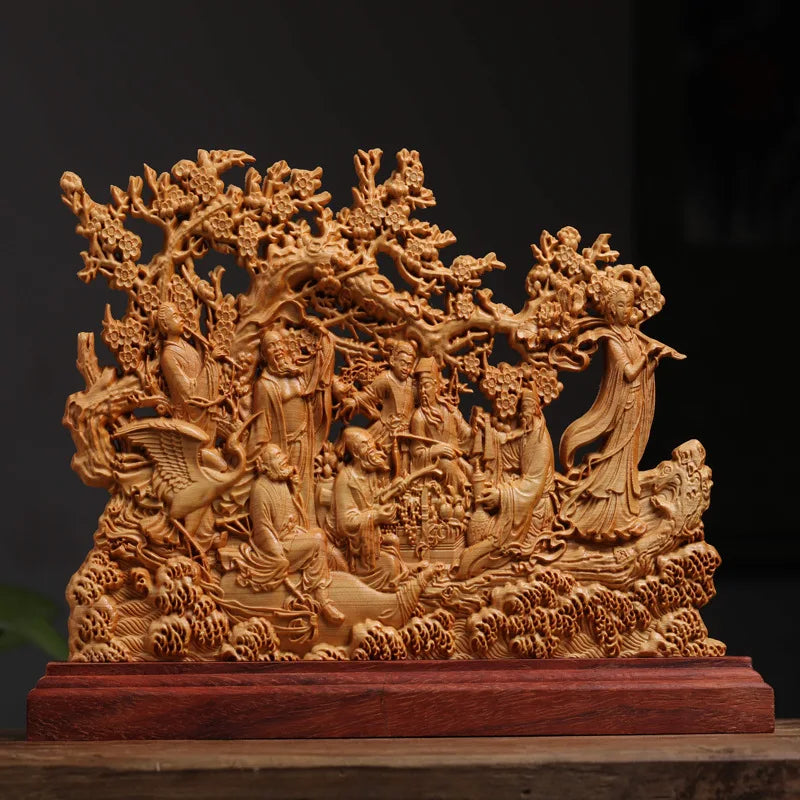 Afralia™ Eight Immortals Sculpture Decor, Lucky God of Wealth, Thuja Wood Carving Brand