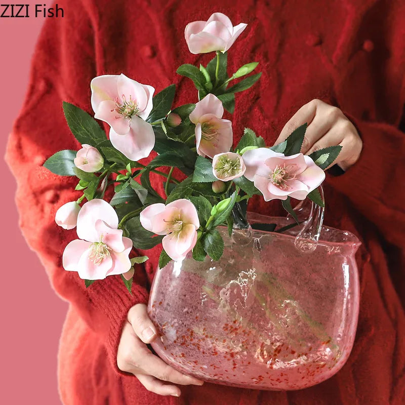 Afralia™ Pink Glass Flower Vase Terrarium Basket Home Decor Accessory