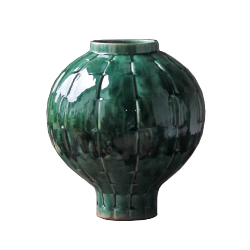 Afralia™ Green Ceramic Spherical Vase Geometric Lattice Design Home Decor Accessory