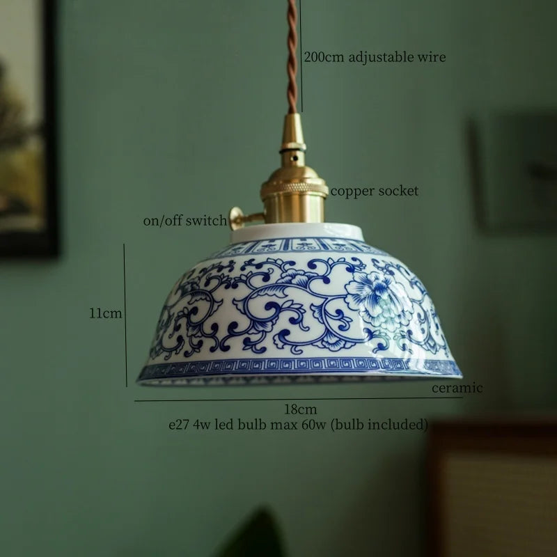 Afralia™ Patterned Ceramic LED Pendant Lamps Vintage Copper Hanging Light for Dining Living Room