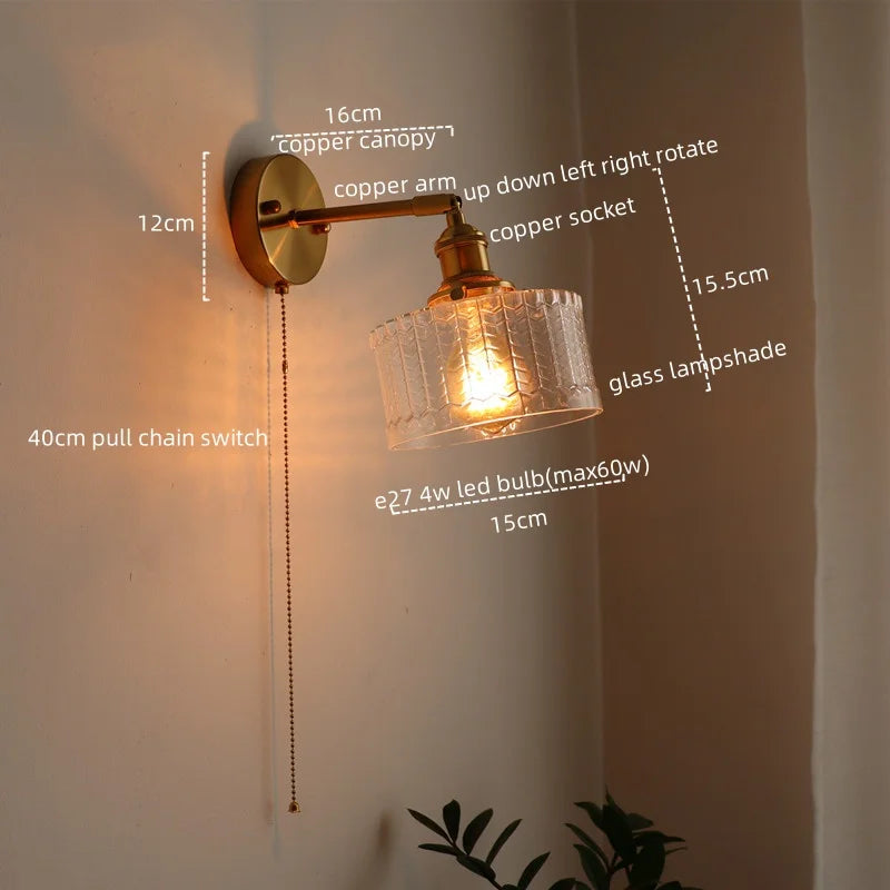 Afralia™ LED Glass Copper Wall Sconce Pull Chain Switch Lamp for Bedroom Living Room