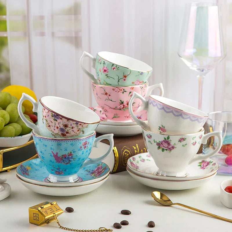 Afralia™ Bone China Flower Tea Cup Set, 180ml, Phnom Penh Afternoon Teacups for Home, Office, Hotel