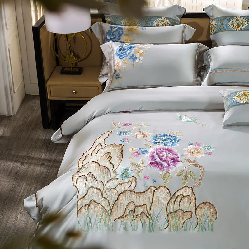 Afralia™ 200S Embroidered Egyptian Cotton Bedding Set Queen King Sheets Duvet Cover