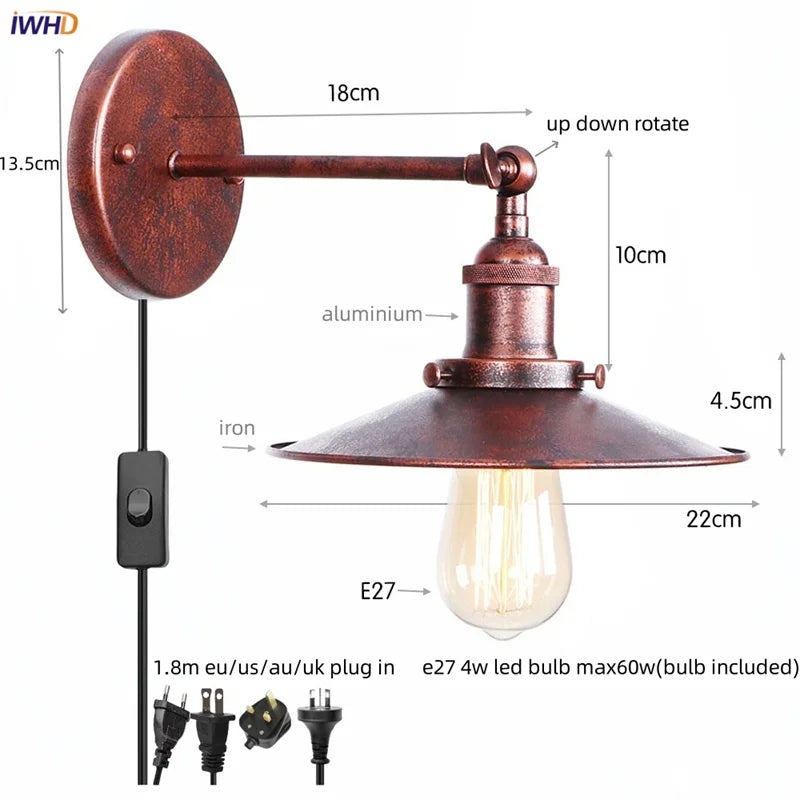 Afralia™ Loft LED Wall Lamp Gold Pull Chain Switch Industrial Luminaire