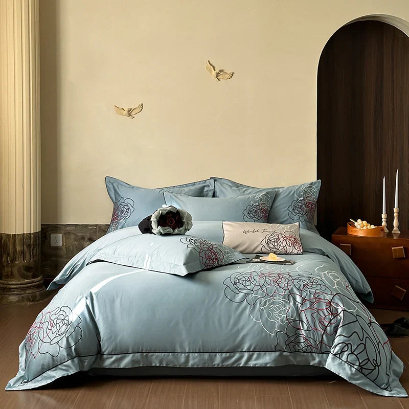 Afralia™ Rose Flowers Luxury Embroidery Bedding Set - 1000TC Egyptian Cotton 4Pcs
