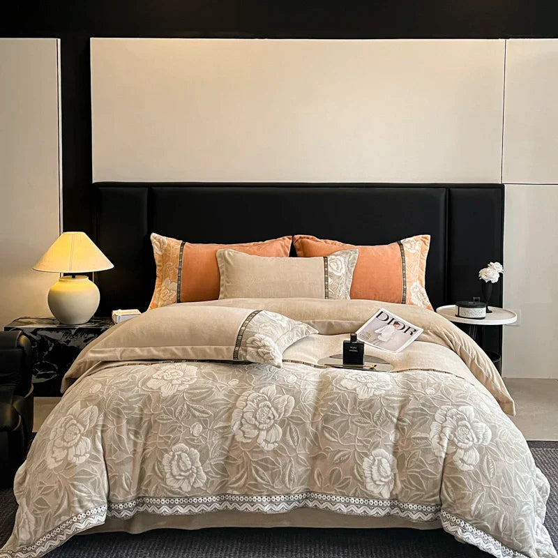 Afralia™ Winter Velvet Flowers Bedding Set: Warm & Cozy 4-Piece Duvet Cover, Bed Sheet, Pillowcases