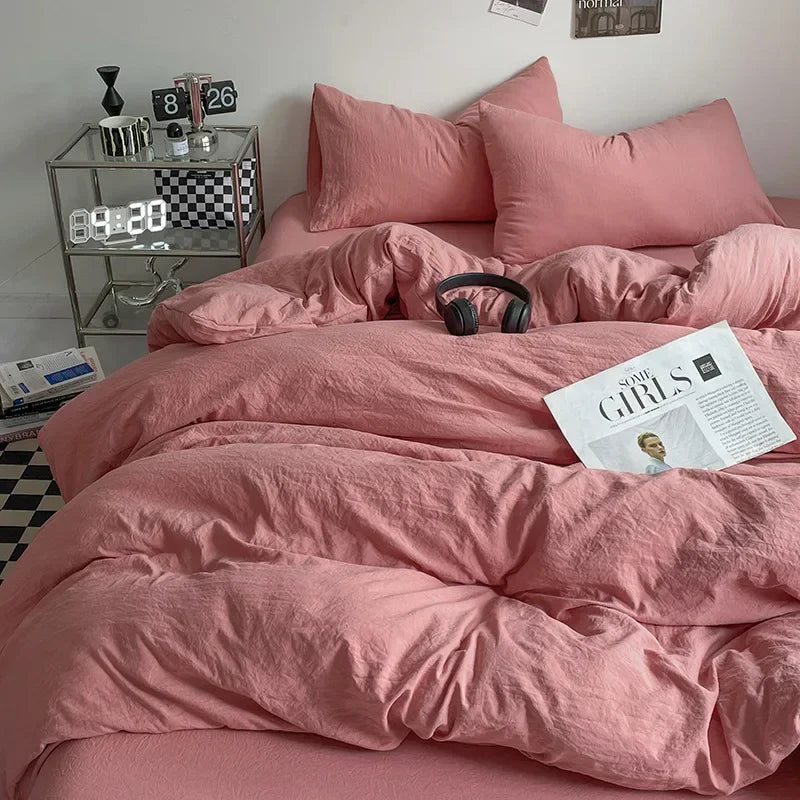 Afralia™ Solid Sleep Naked Cotton Bedding Set 4Pcs, Super Soft Mix Colored Comfort Bed Liner