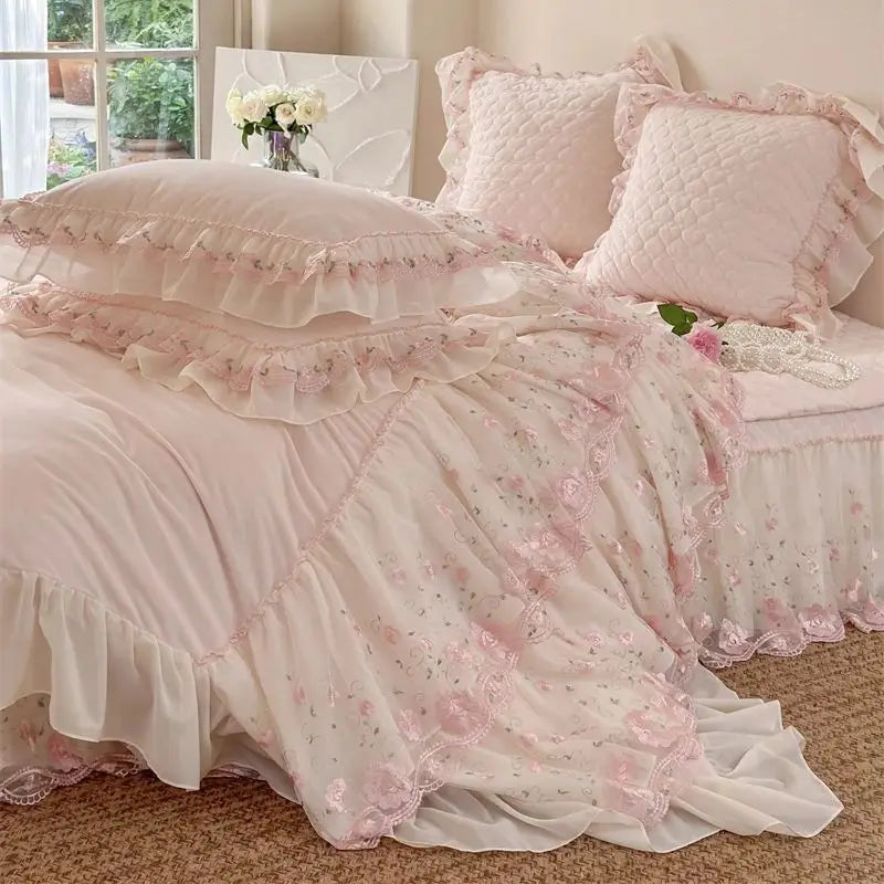Afralia™ Winter Velvet Princess Bedding Set with Lace Ruffles and Quilted Bed Skirt
