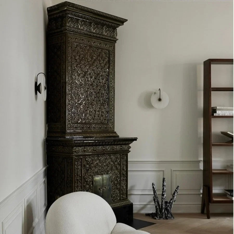 Afralia™ Nordic LED Wall Sconce Black Iron Round Marble Light Fixture