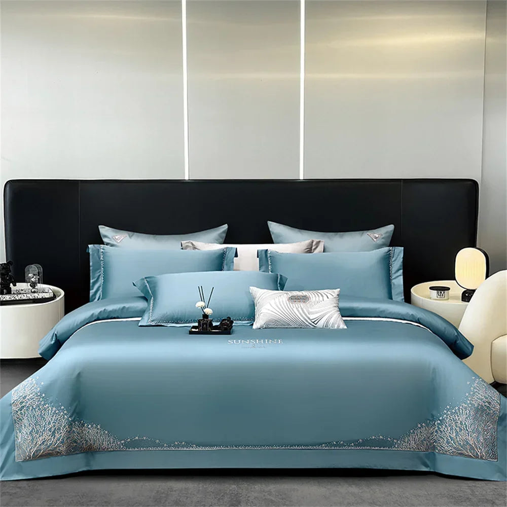 Afralia™ Jacquard Embroidery Egyptian Cotton Satin Bedding Set with Elastic Sheet