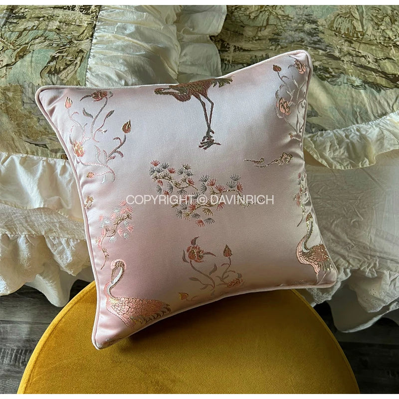 Afralia™ Antique Crane Floral Jacquard Luxury Lumbar Pillow Case Square Gold Stitch