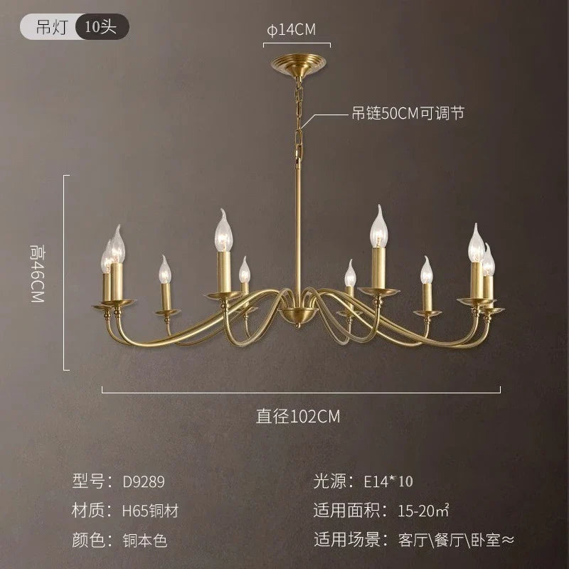 Afralia™ Retro Luxury Copper Chandelier LED Gold Lustre Pendant Light for Living Room
