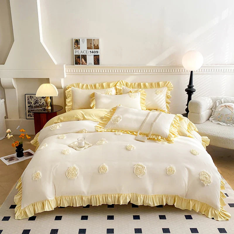 Afralia™ Pink Stereoscopic Bedding Set: Handwork Flowers Embroidery, Ruffle, Korean Style