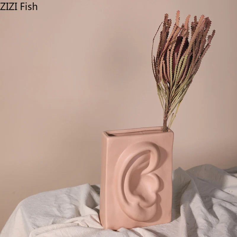 Afralia™ Ceramic Vase with Ear, Eyes, and Mouth Design for Table Decoration