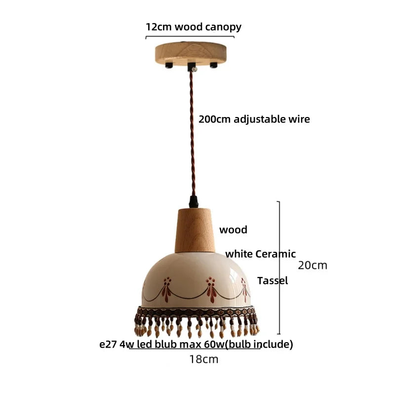 Afralia™ Brown Wood Ceramic Tassel LED Pendant Lights for Modern Interior Lighting