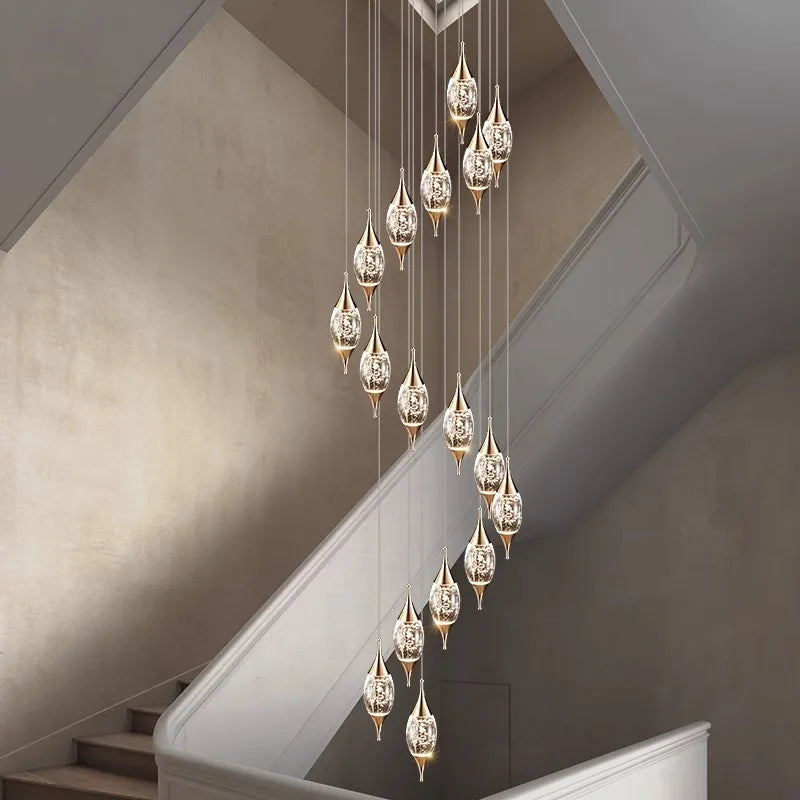 Afralia™ Crystal Chandelier Stair Pendant Lamp Living Room Interior Lighting