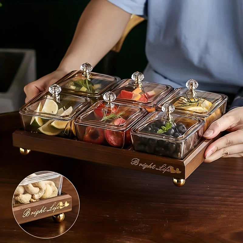 Afralia™ Light Luxury Glass Fruit Plate with Bamboo Wood Compartment